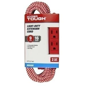 Hyper Tough 3-Outlet 9 Foot Fabric Candy Cane Extension Cord, Red